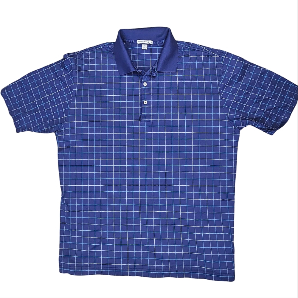 Peter Millar Crown Blue, Teal & White Grid Design Short Sleeve Golf Polo Shirt